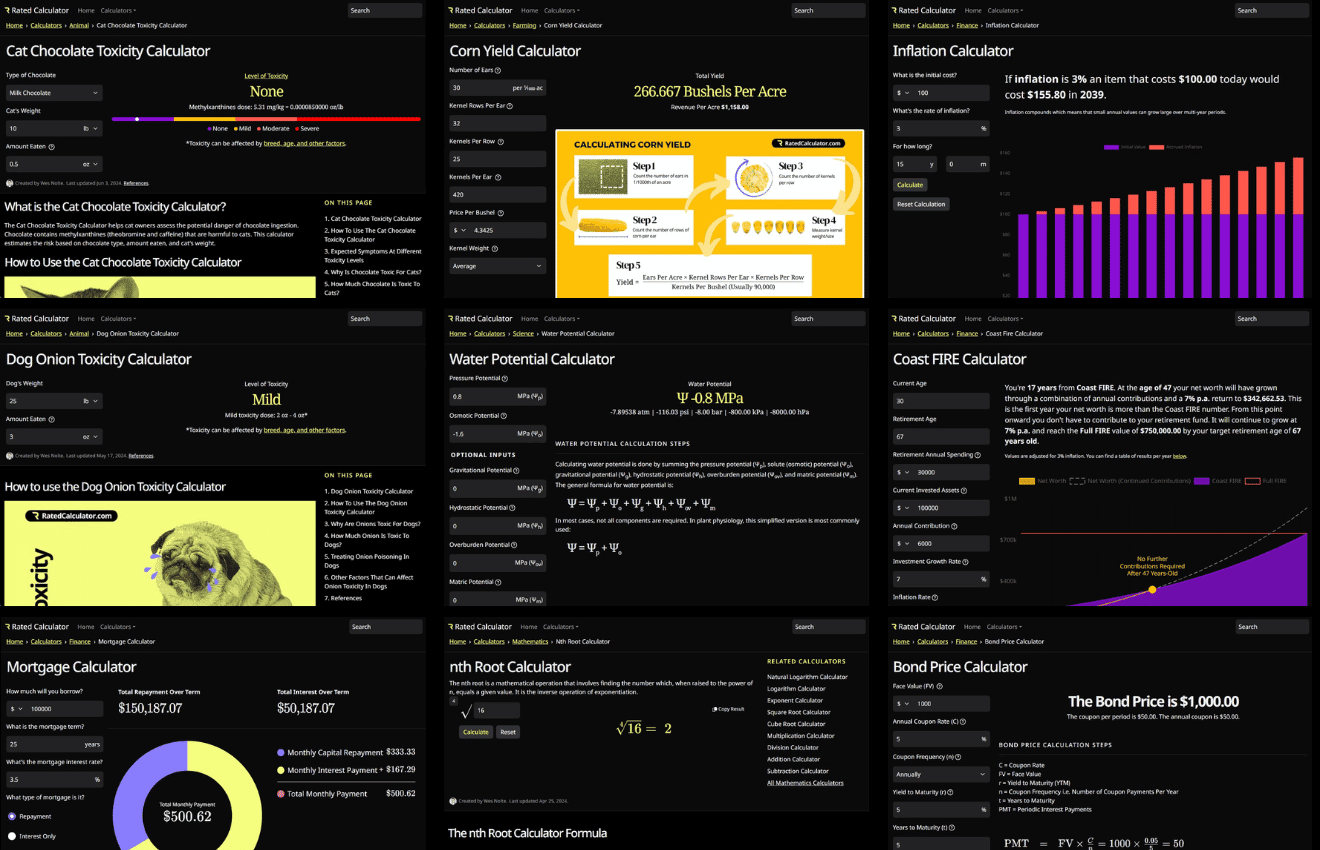 A showcase of screenshots of individual ratedcalculator.com calcualtors